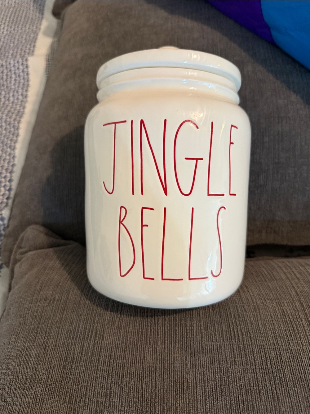Rae Dunn Cream Jingle Bells Ceramic Canister with Red Writing Christmas